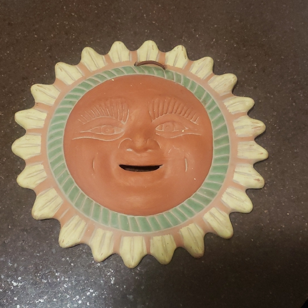 Vintage Mexican Terracotta Folk Art Clay Pottery Wall Hanging Smiling Sun.  11"